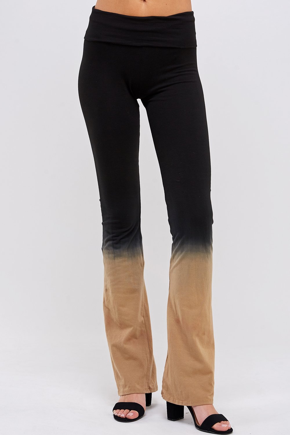 Front side Black and Mocha Dip Ombre tie dye Fold Over Yoga Pant