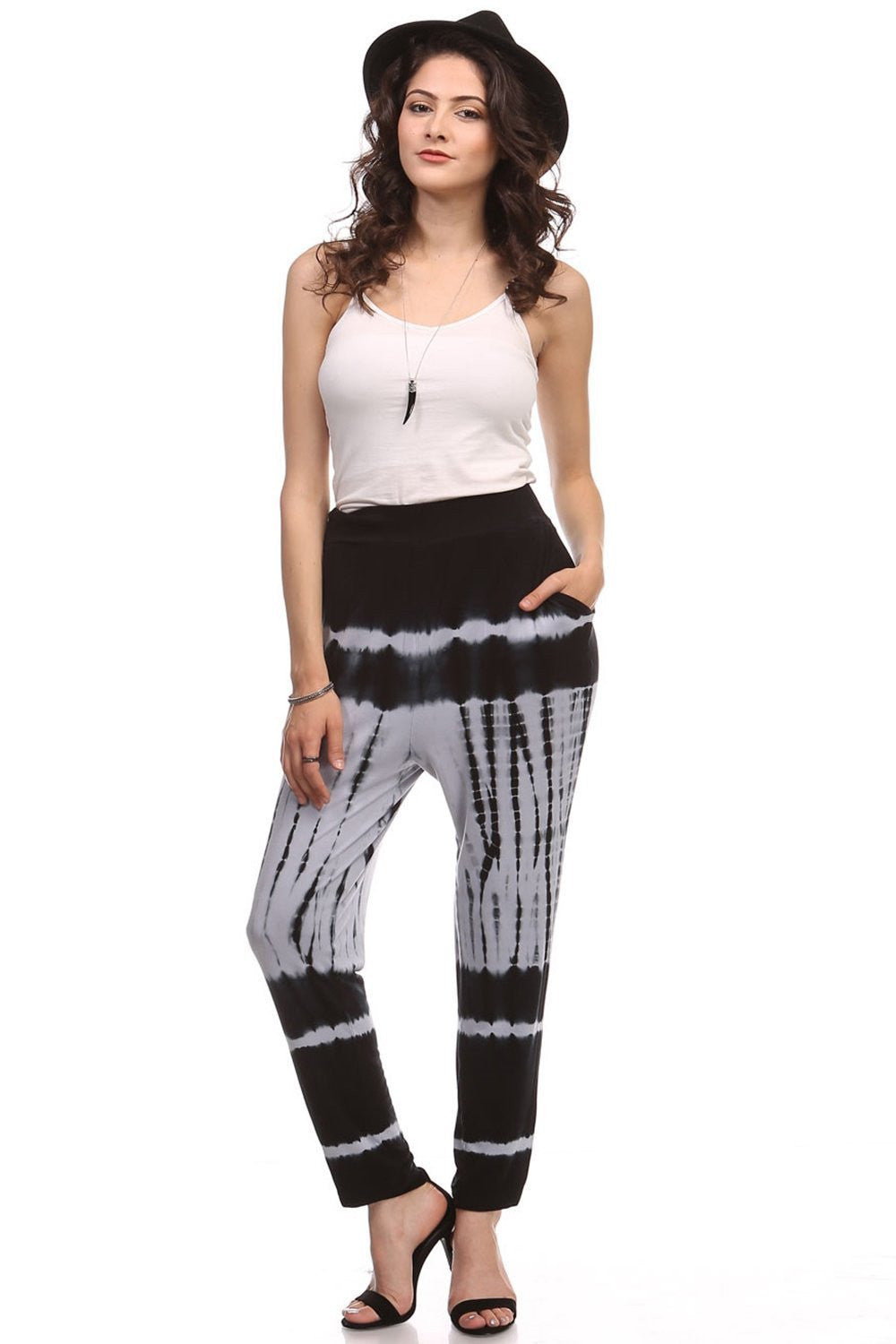beautiful woman wearing an black and grey Bamboo Tie dye joggers with pockets
