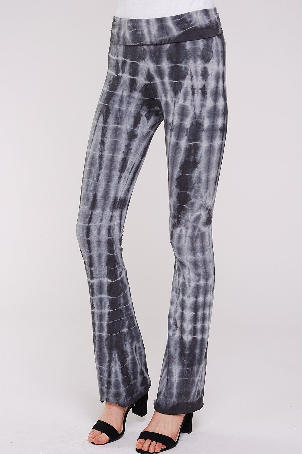 Front side  Black and Gray Bamboo tie dye Fold over Yoga Pant.