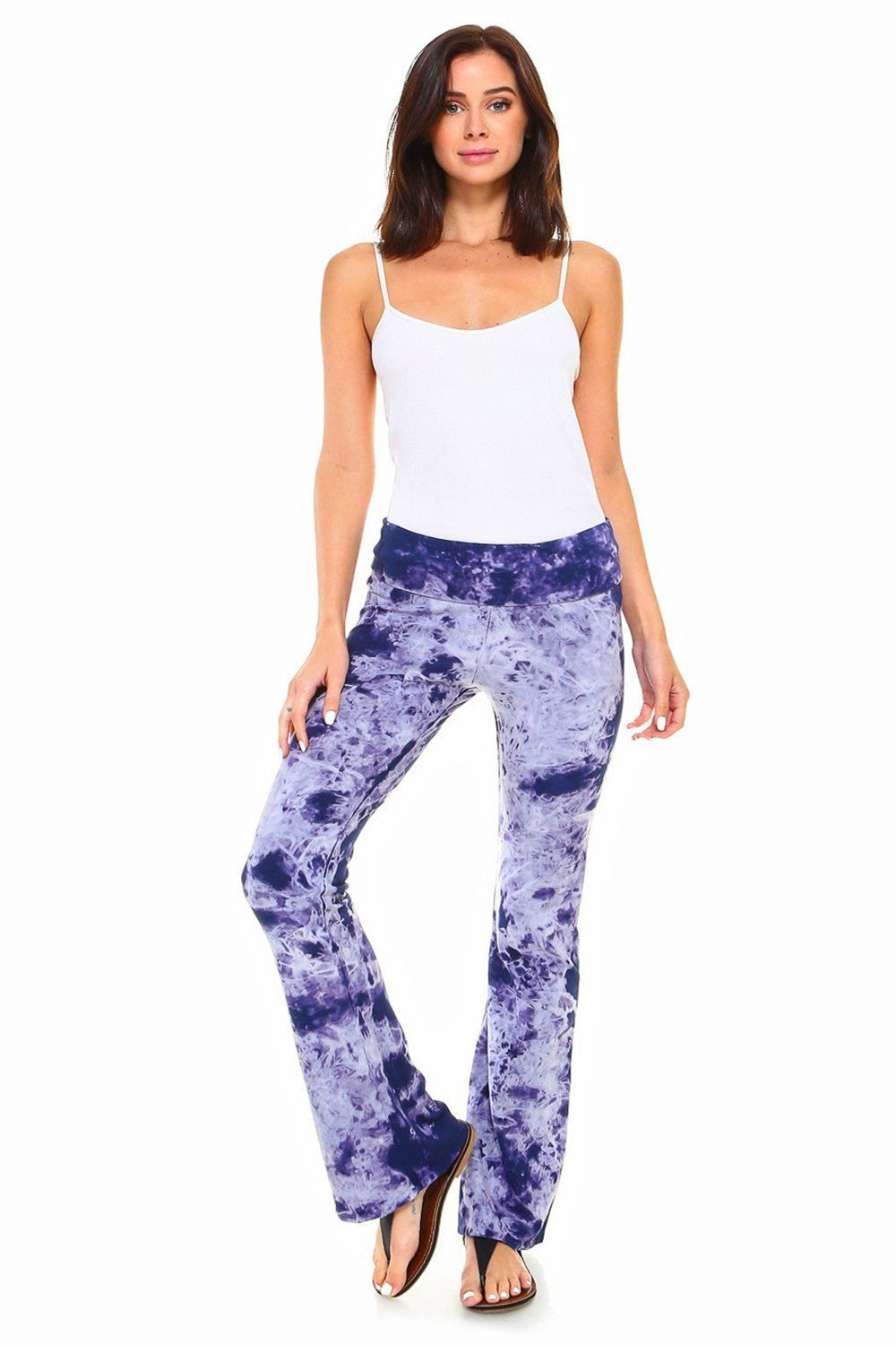 Young woman wearing Purple Crystal Marble tie dye Fold over Yoga Pant