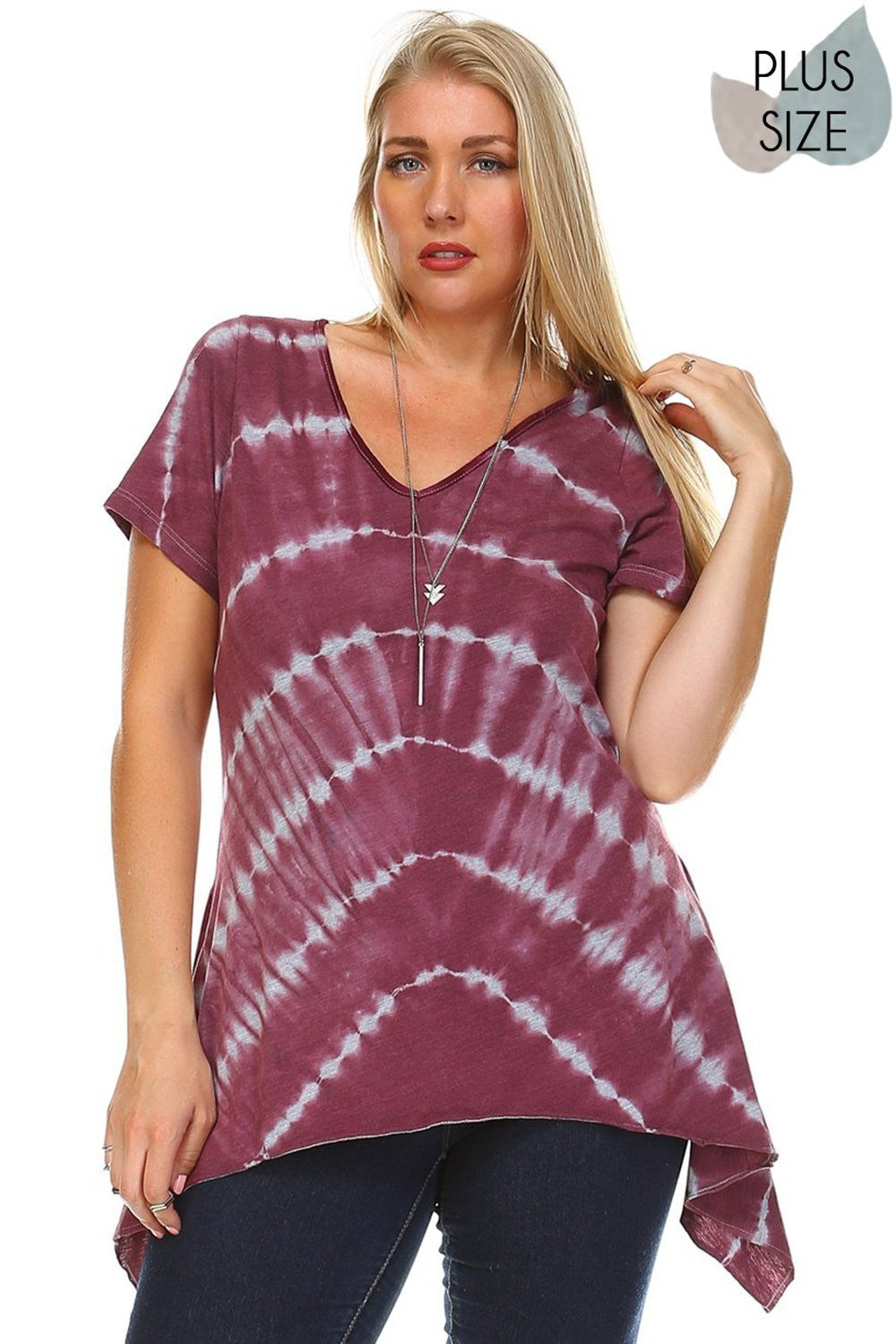 Beautiful woman wearing a Burgundy  V-neck tie dye tunic shark bite top Perfect for Spring & Summer, Evening wear, Festival, Beach Day, Vacation, Dance, Poolside Parties