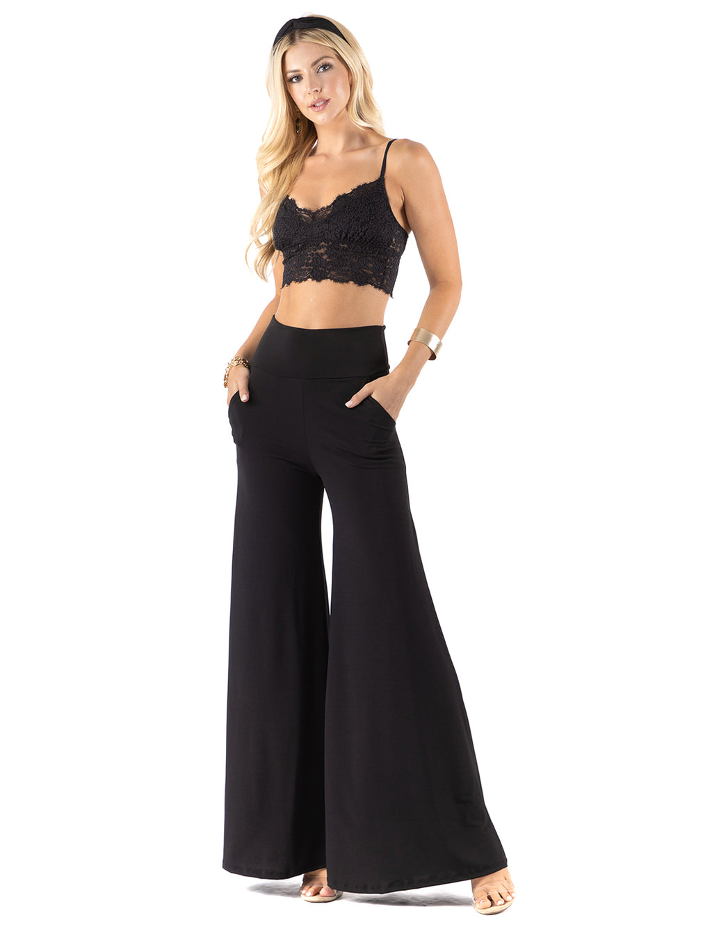 Beautiful woman wearing this amazing Black High waist palazzo pants featuring pockets, wide legs, and a comfortable stretchy fabric