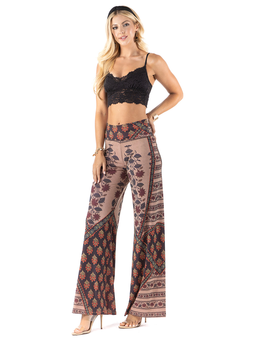 Beautiful woman wearing this amazing  Brown Multi Floral  High waist palazzo pants featuring pockets, wide legs, and a comfortable stretchy fabric Perfect during spring, summer,Concerts, Festivals, Dance