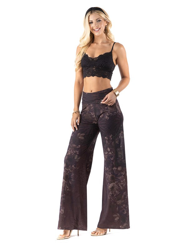 Beautiful woman wearing this amazing Dark Floral   High waist palazzo pants featuring pockets, wide legs, and a comfortable stretchy fabric Perfect during spring, summer,Concerts, Festivals, Dance