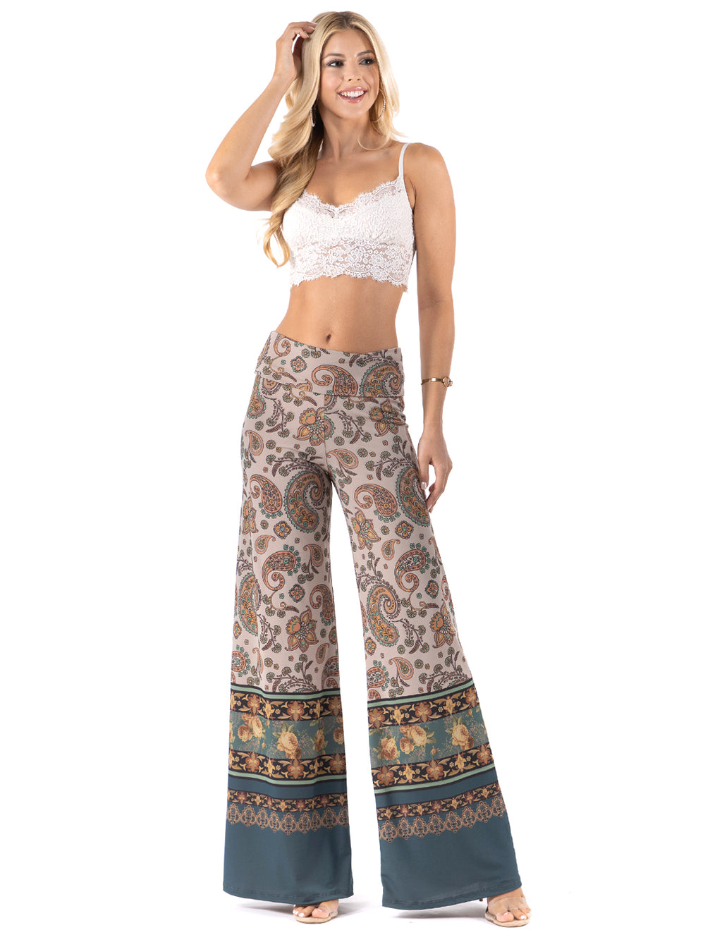 Beautiful woman wearing this amazing Tan & Floral Paisley High waist palazzo pants featuring pockets, wide legs, and a comfortable stretchy fabric 