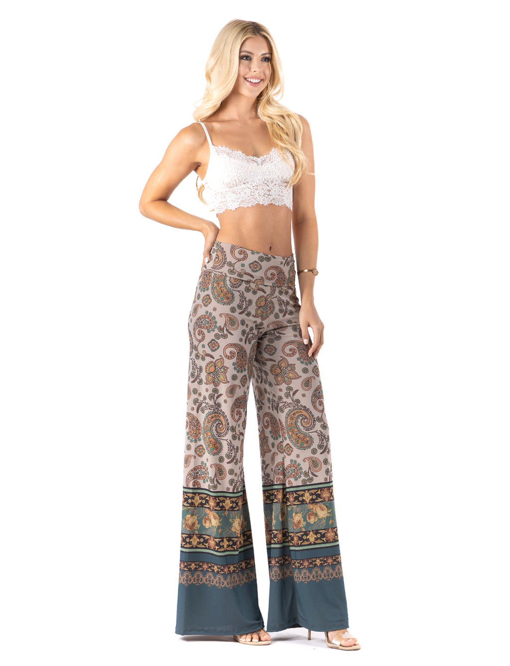 Beautiful woman wearing this amazing Tan & Floral Paisley High waist palazzo pants featuring pockets, wide legs, and a comfortable stretchy fabric Perfect for any activity,relaxing day,beautiful and unique,comfortable and flattering