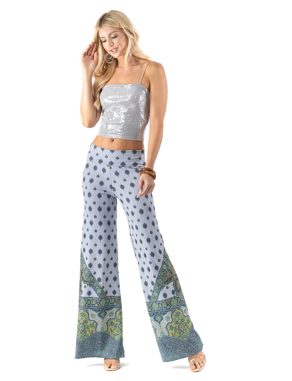 Beautiful woman wearing this amazing Blue & Green Scroll High waist palazzo pants featuring pockets, wide legs, and a comfortable stretchy fabric Perfect for any activity,relaxing day,beautiful and unique,comfortable and flattering