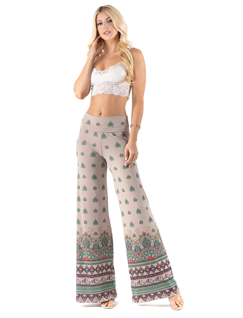 Tan & Green Floral High waist palazzo pants featuring pockets, wide legs, and a comfortable stretchy fabric Perfect during spring, summer,Concerts, Festivals, Dance, Brunch