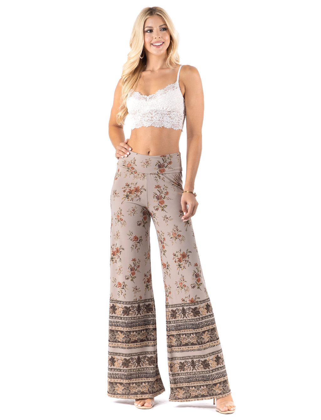 Light Tan Floral High waist palazzo pants featuring wide legs, and a comfortable stretchy fabric Perfect for any activity,relaxing day,beautiful and unique
