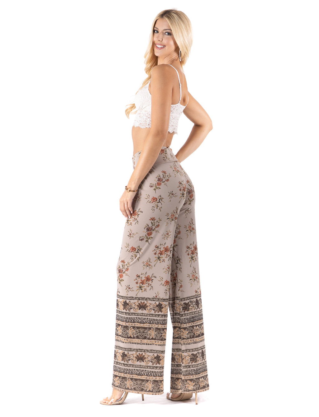Beautiful woman wearing this amazing Light Tan Floral High waist palazzo pants featuring wide legs, and a comfortable stretchy fabric Perfect during spring, summer,Concerts, Festivals, Dance, Brunch