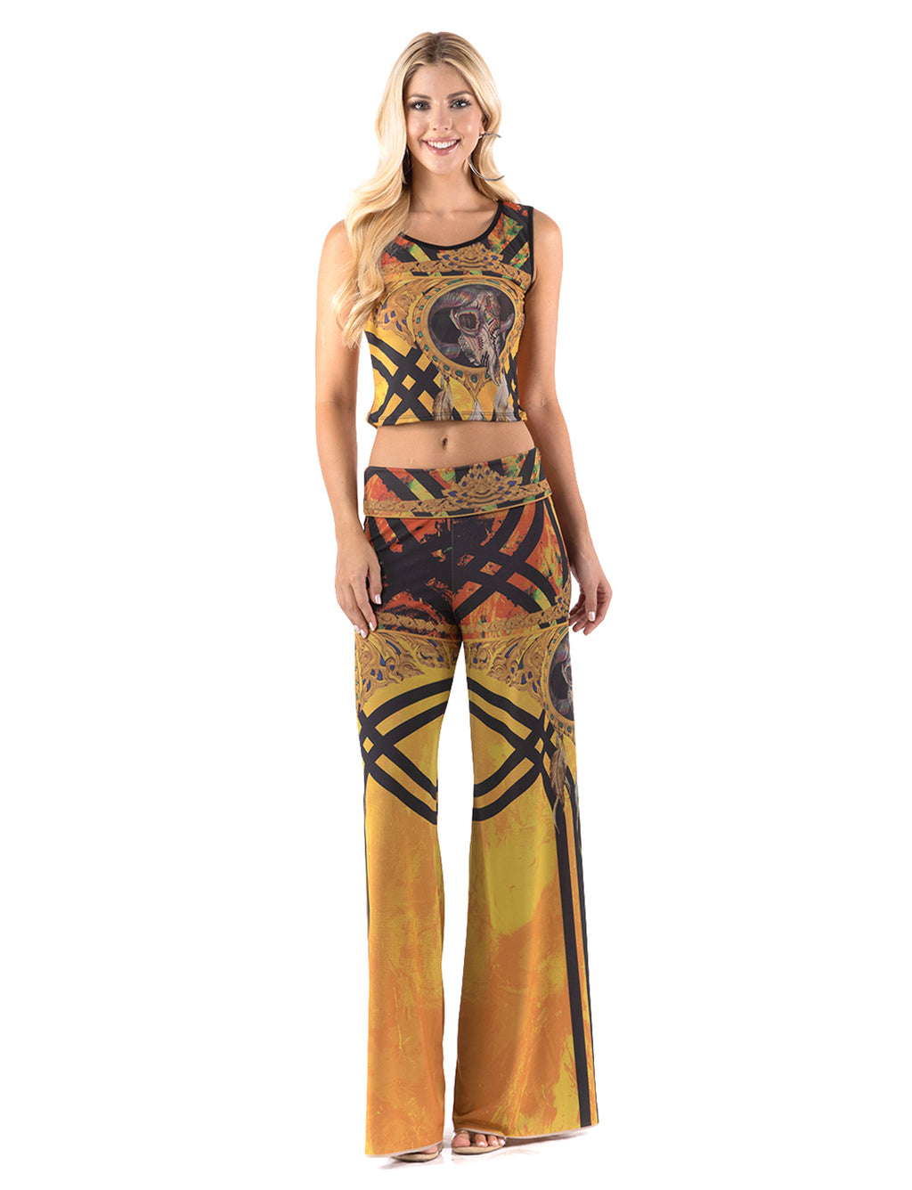 Yellow Tribal Aztec High waist palazzo pants featuring wide legs, and a comfortable stretchy fabric perfect for Evening wear, Beach Day, Vacation, Dance, Poolside Parties,Casual day