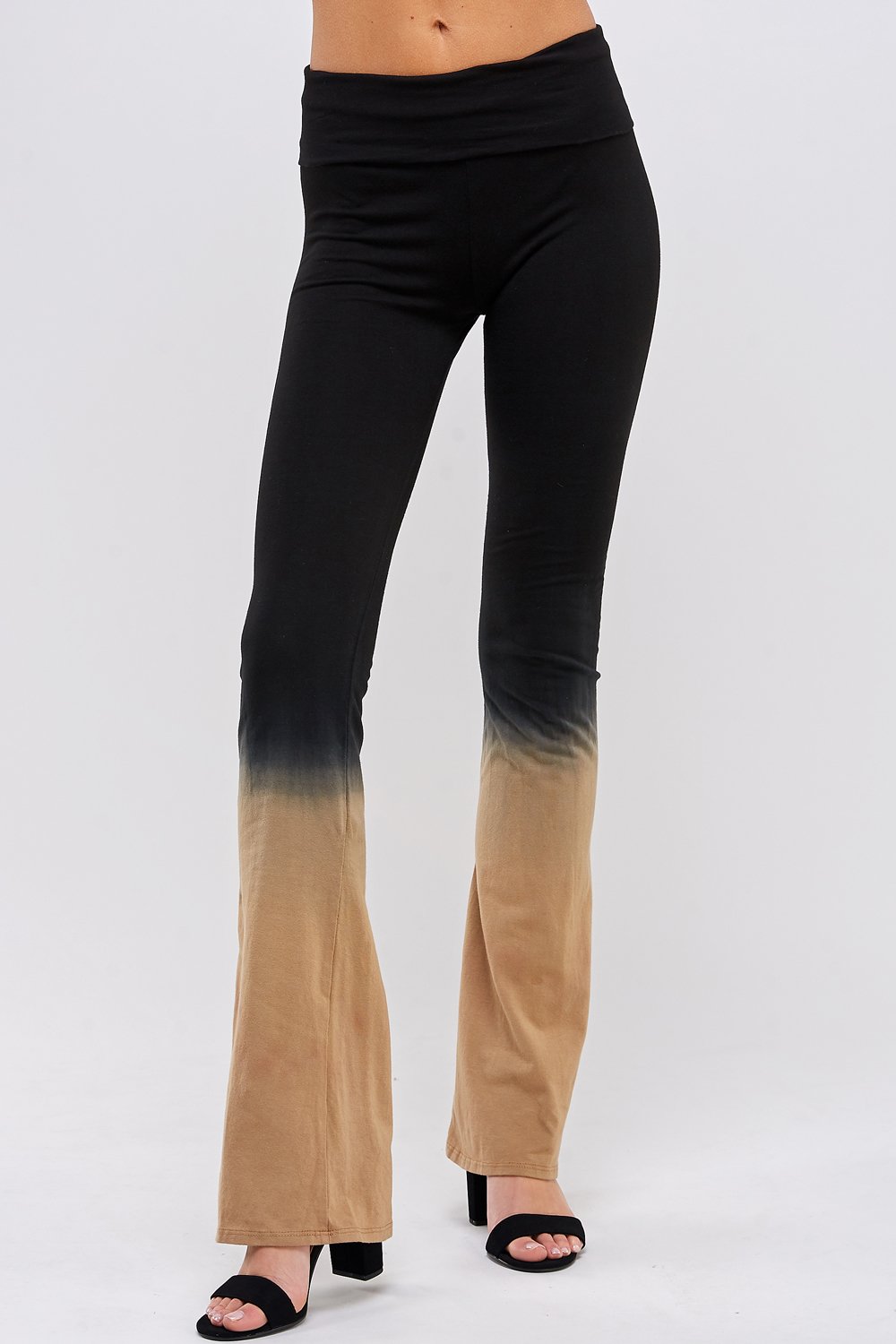 Black and Mocha Dip Ombre tie dye Fold Over Yoga Pant front side