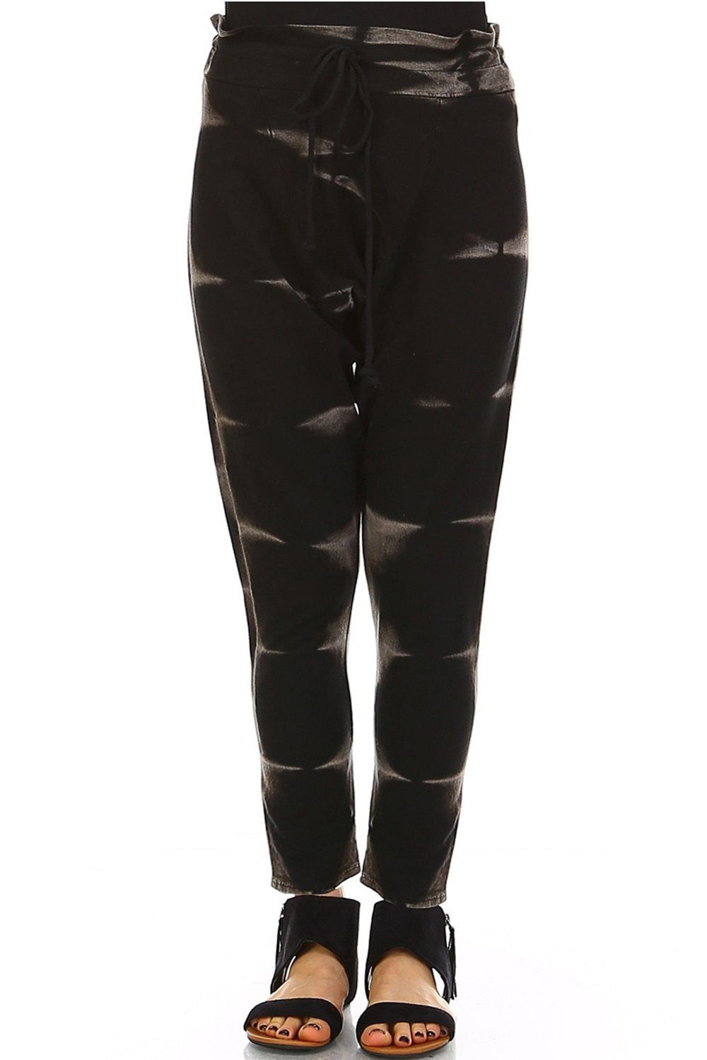 Front side view,Black Maho Tie-dye loose fit harem sweatpants, perfect for a workout or just hanging out. 