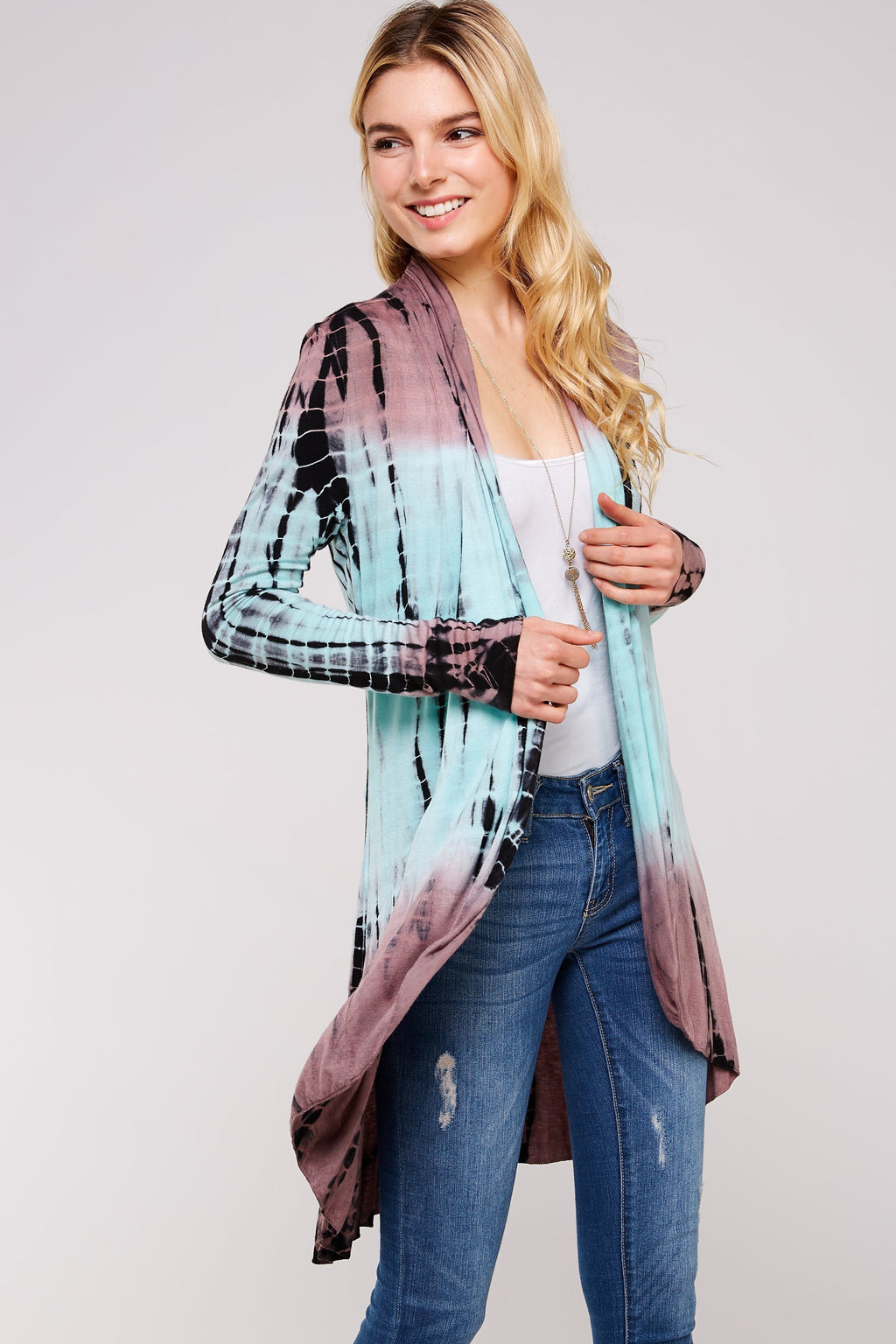 Beautiful Mocha mint  Plus Size A-line Flared Long sleeve two-tone Bamboo tie dye Cardigan w/ Ruffled hem