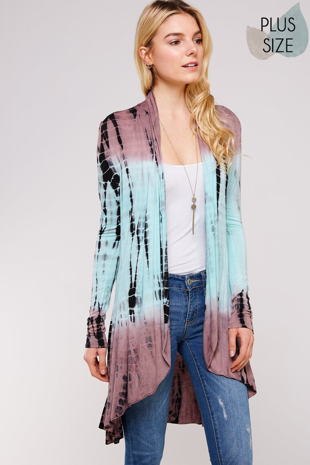 Mocha Mint  Plus Size A-line Flared Long sleeve two-tone Bamboo tie dye Cardigan w/ Ruffled hem