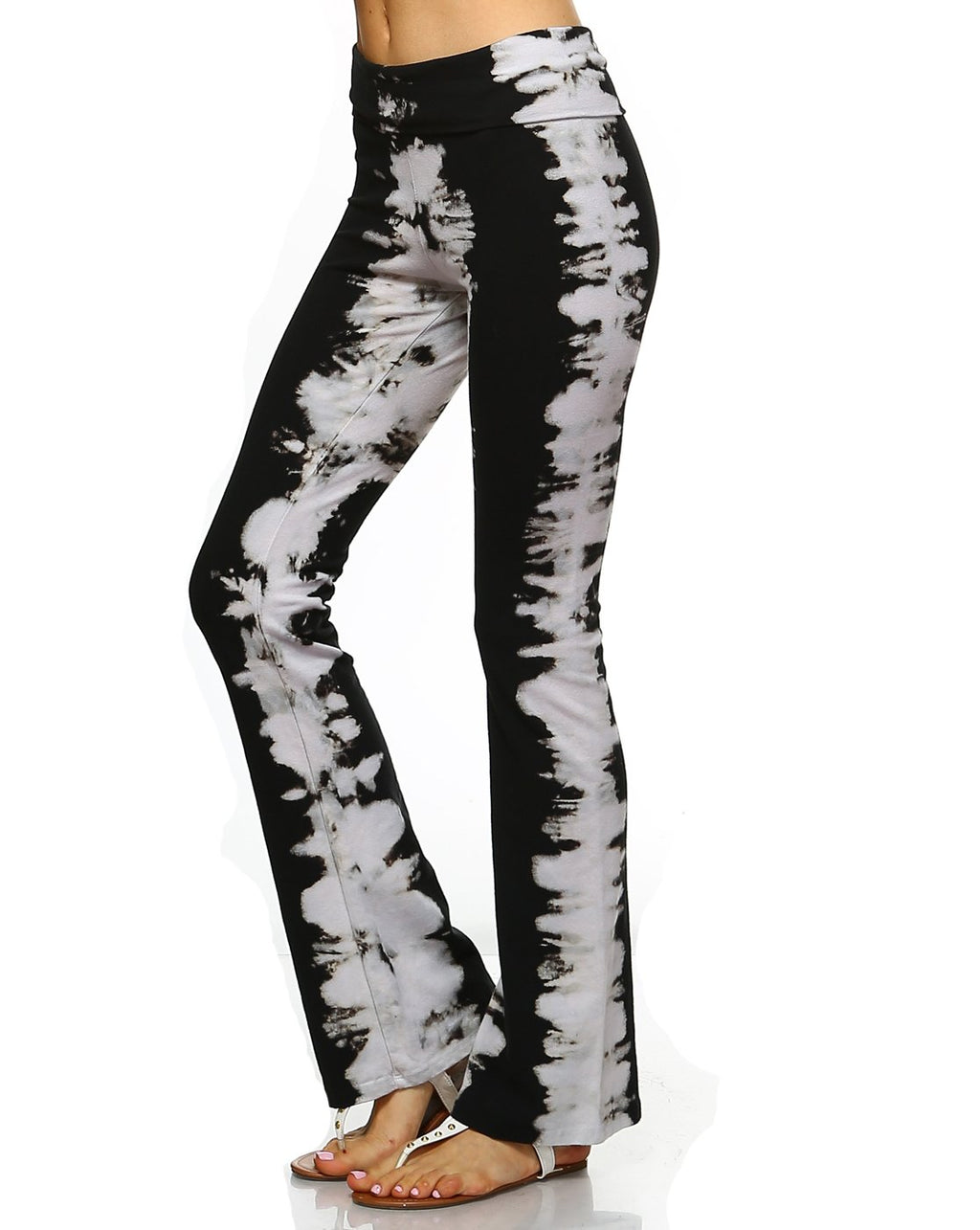Black & Beige Skeletal Tie dye,Straight leg Yoga pant with fold over band