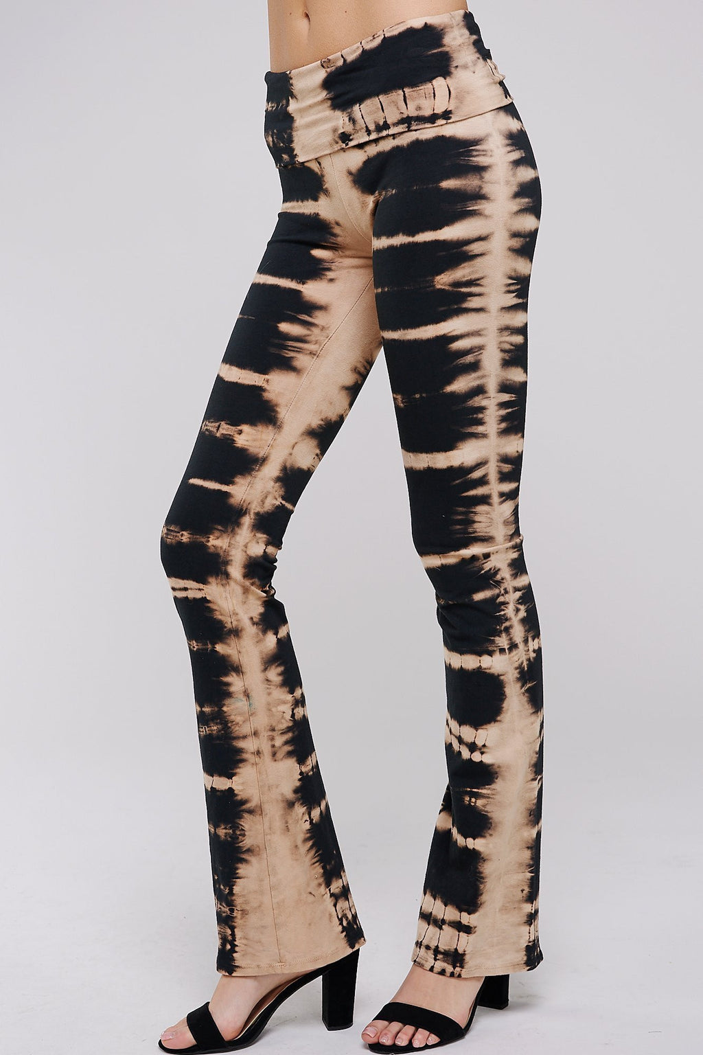 Side way yoga pants Black and Mocha Skeletal tie dye Fold Over 