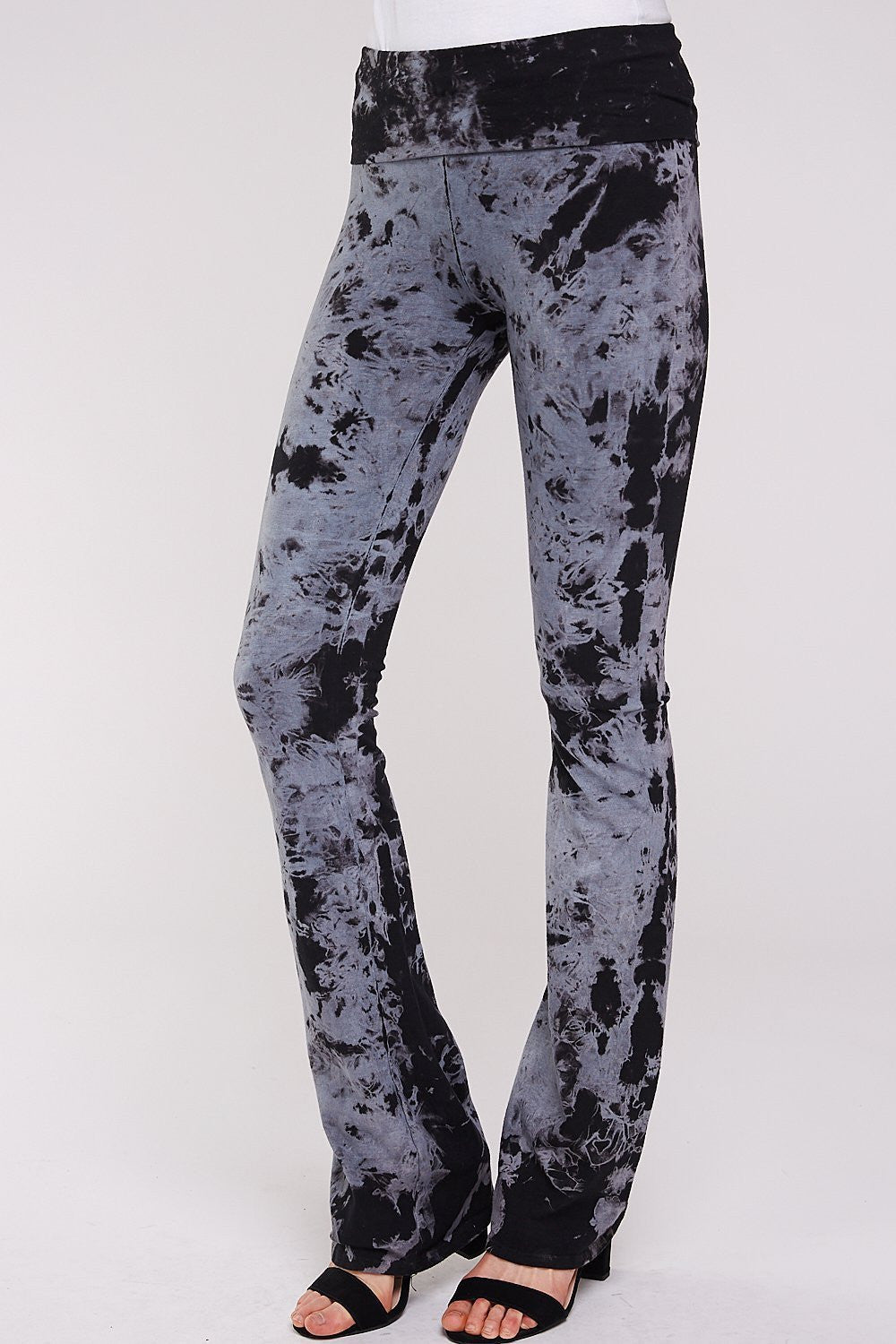 Front side Black Crystal Marble tie dye Fold over Yoga Pant 