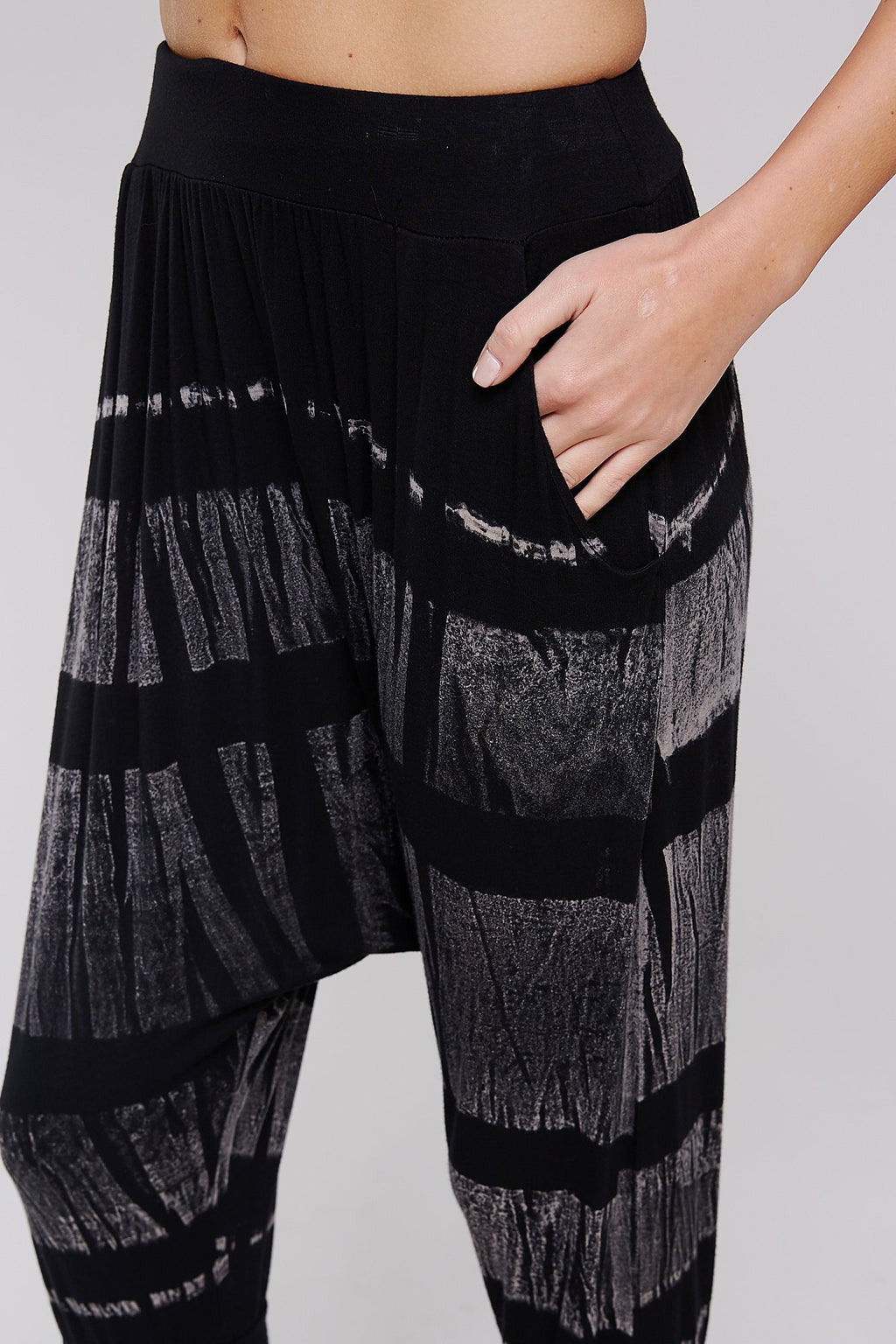 Paneled Tie-dye cropped harem pants with banded hem are perfect for any activity.
