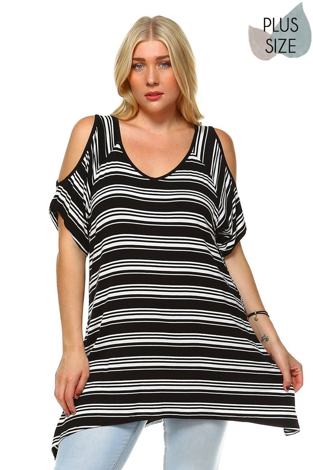 Black&White Plus Size Striped V-neck 3/4 sleeve top and cold shoulder cutouts Perfect for Spring & Summer, Evening wear, Festival, Beach Day, Vacation, Dance, Poolside Parties