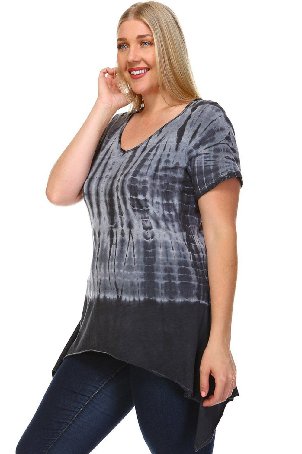Beautiful woman wearing an  V Neck Ombre Reptile tie dye Tunic top