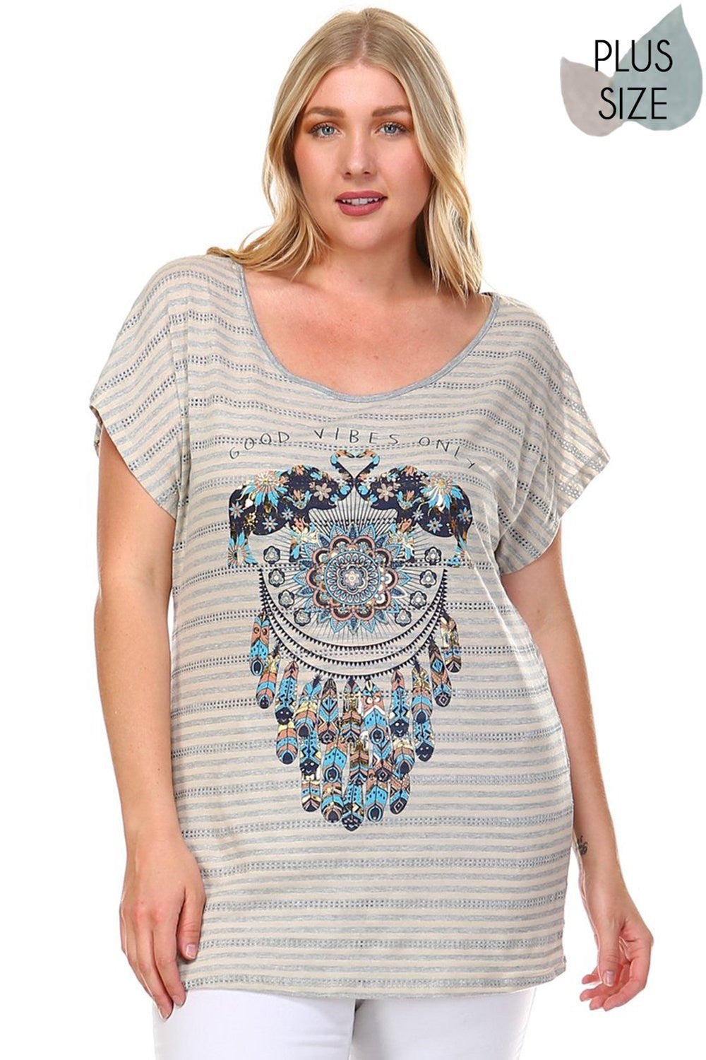Beautiful woman wearing a "Good Vibes Only" V neck Striped top Featuring a geometric elephants and feathers Perfect skirt for an effortless boho style, pair with boots for fall or your favorite sandals for summer. Festivals, Beach Day, Vacation