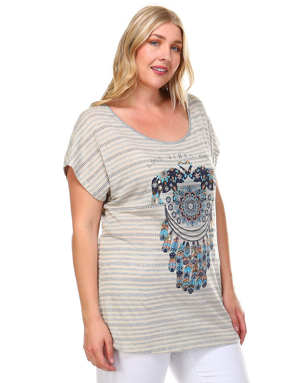 "Good Vibes Only" V neck Striped top Featuring a geometric elephants and feathers