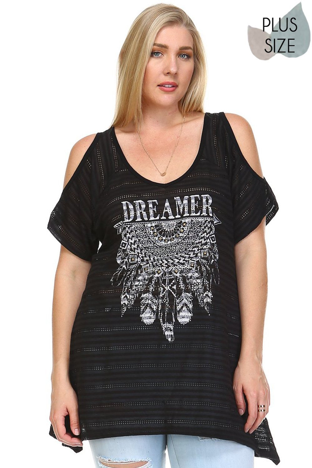 Beautiful woman wearing an Black Urban X Striped V neck Cold Shoulder Tunic Top with Dreamer Embellishment Perfect for Spring & Summer, Evening wear, Festival, Beach Day, Vacation, Dance, Poolside Parties