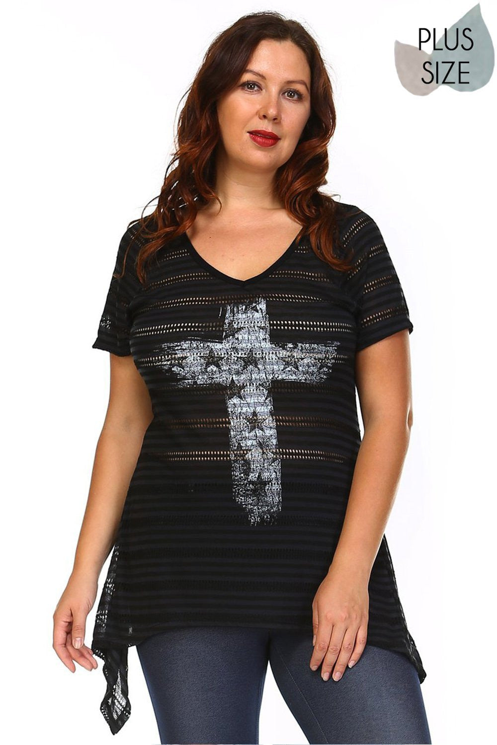 Beautiful woman wearing a Black V-neck Short Sleeve Vintage Cross Graphic tunic top Perfect skirt for an effortless boho style, pair with boots for fall or your favorite sandals for summer. Festivals, Beach Day, Vacation