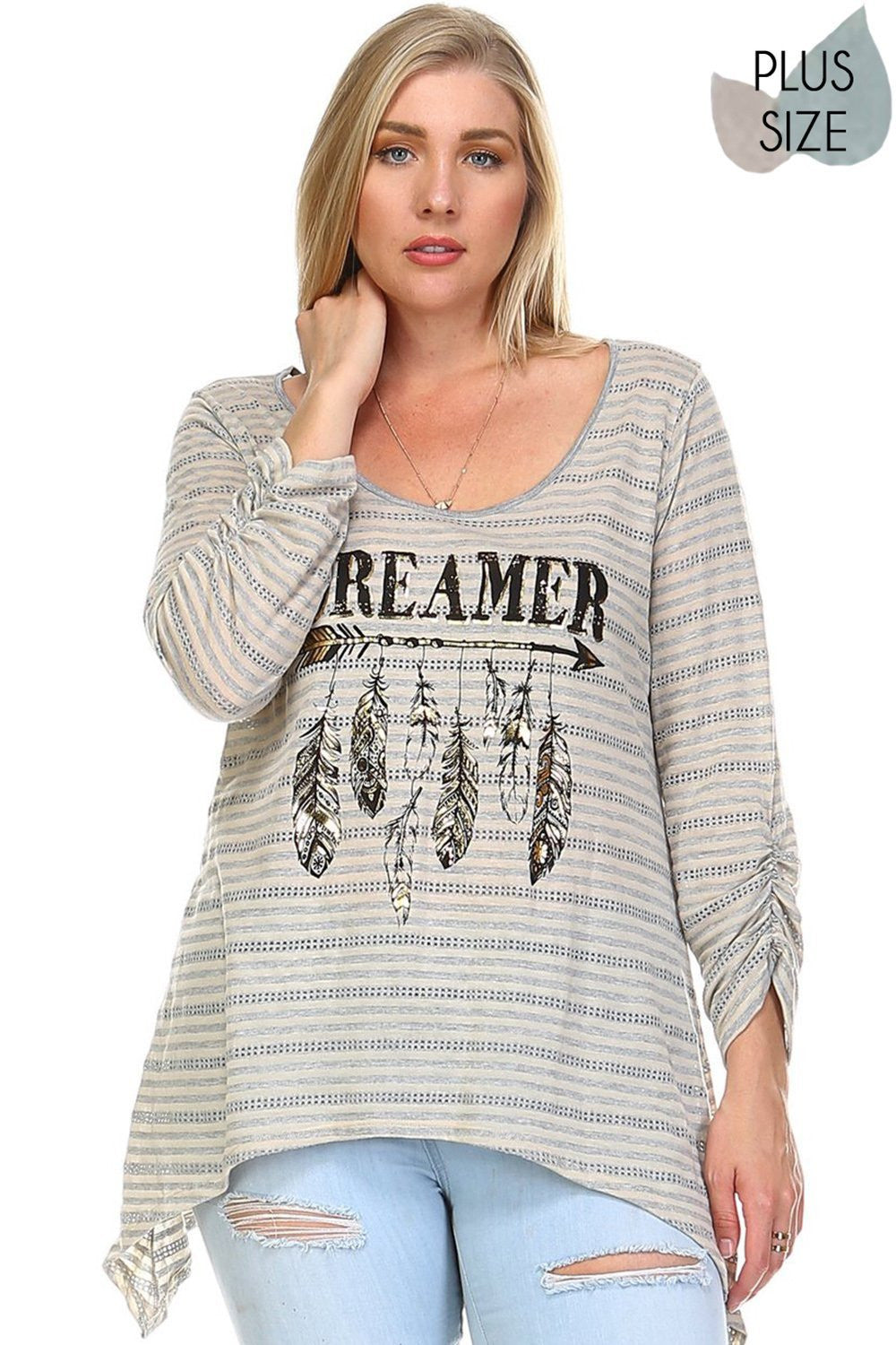  Plus Size Striped "Dreamer" Scoop neck tunic top with shirring sleeve detail Perfect skirt for an effortless boho style, pair with boots for fall or your favorite sandals for summer. Festivals, Beach Day, Vacation