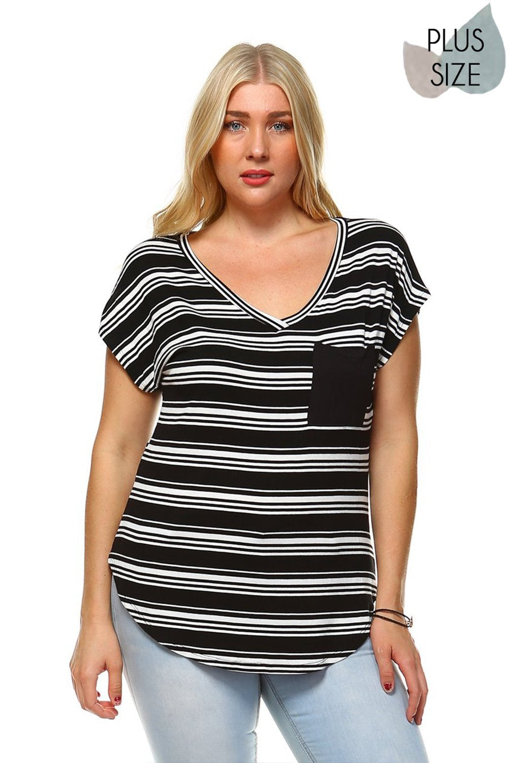 Black&White Striped V-neck capped sleeve top with single front chest pocket and crescent hem Perfect for Spring & Summer, Evening wear, Festival, Beach Day, Vacation, Dance, Poolside Parties