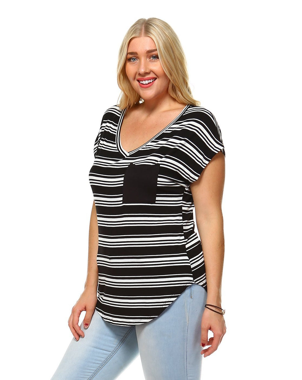 Beautiful woman wearing an Black&White Striped V-neck capped sleeve top with single front chest pocket 