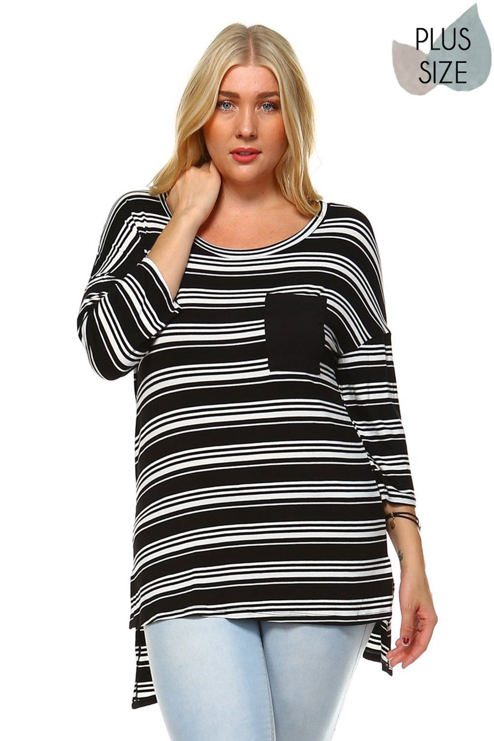 Beautiful woman wearing an Black&White Plus Size Striped round neck 3/4 sleeve  hi-low tunic with single front chest pocket Perfect skirt for an effortless boho style, pair with boots for fall or your favorite sandals for summer. Festivals, Beach Day, Vacation