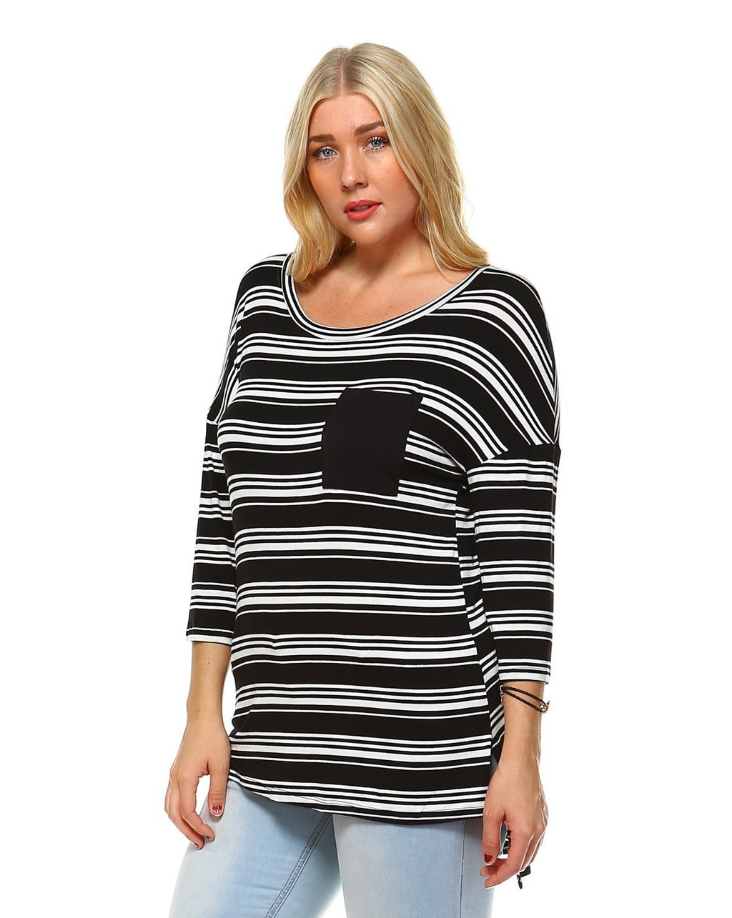 Striped round neck 3/4 sleeve  hi-low tunic with single front chest pocket Perfect for Everyday Comfort, Concerts, Festivals, Date Night, Brunch, Shopping, lightweight fabric for any season