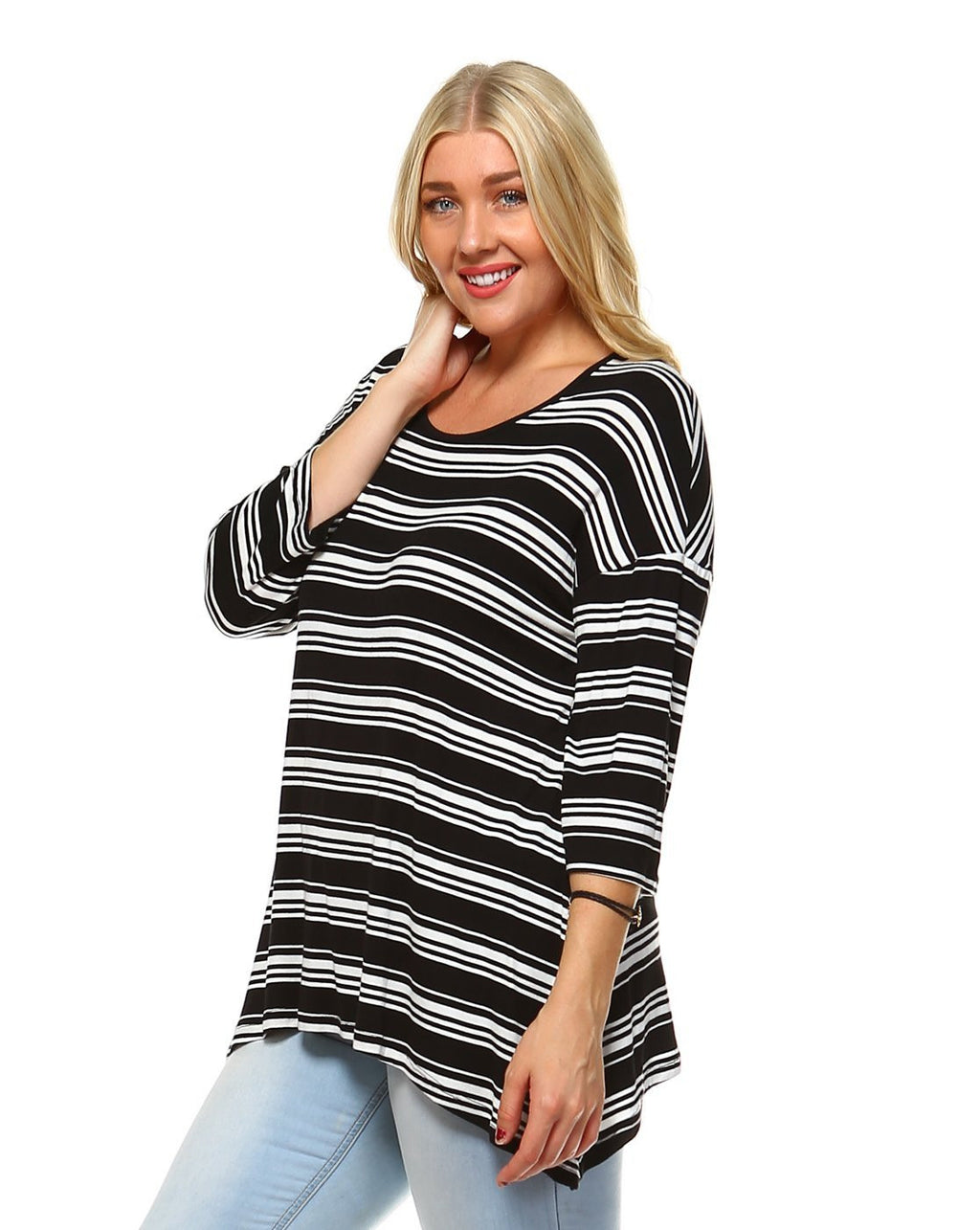 Striped round neck 3/4 dropped sleeve top with asymmetrical hem. Perfect for Everyday Comfort, Concerts, Festivals, Date Night, Brunch, Shopping, lightweight fabric for any season