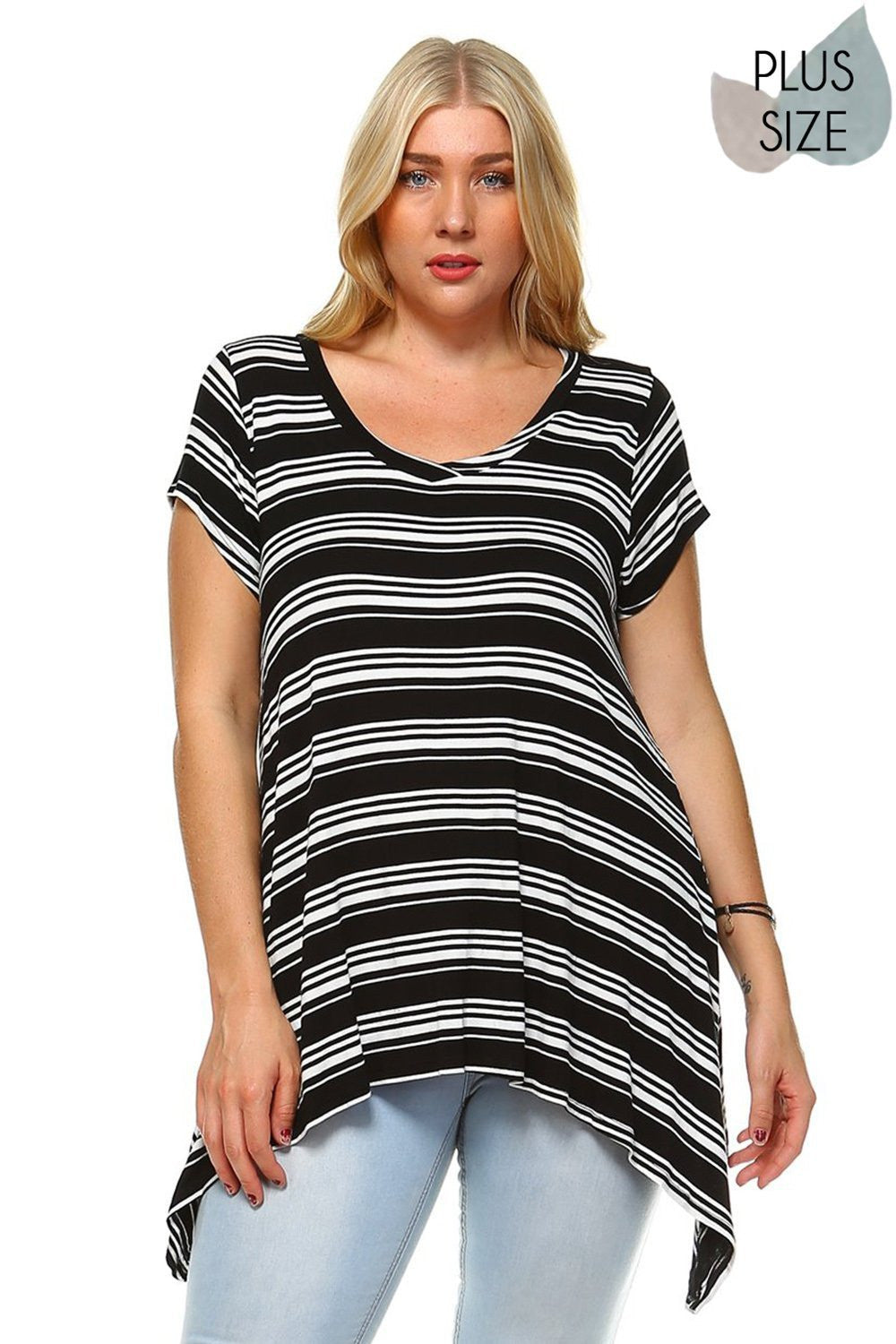 beautiful woman an Urban X Plus Size Striped V neck capped sleeve shark bite top Perfect for Spring & Summer, Evening wear, Festival, Beach Day, Vacation, Dance, Poolside Parties