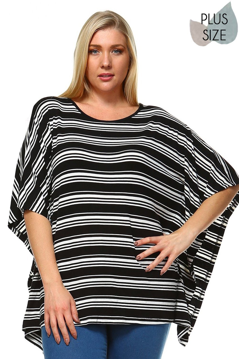 beautiful woman wearing a black and white Striped, round neckline, 3/4 length flutter sleeve, top with asymmetrical hem Perfect for Spring & Summer, Evening wear, Festival, Beach Day, Vacation, Dance, Poolside Parties
