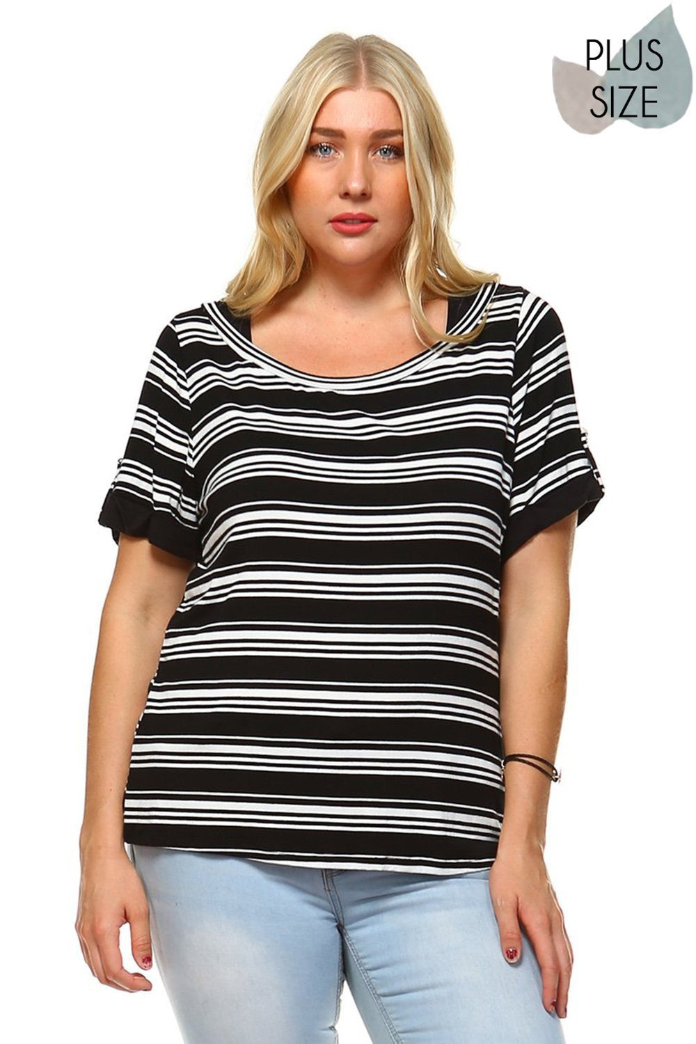 beautiful woman wearing a black and white Plus Size Striped Scoop neck Boyfriend tee with Fold-over sleeve and button detail Perfect during spring, summer,Concerts, Festivals, Dance, Brunch, Shopping, Weekend Getaway,Evening wear, Beach Day, Vacation, Dance, Poolside Parties,Casual day