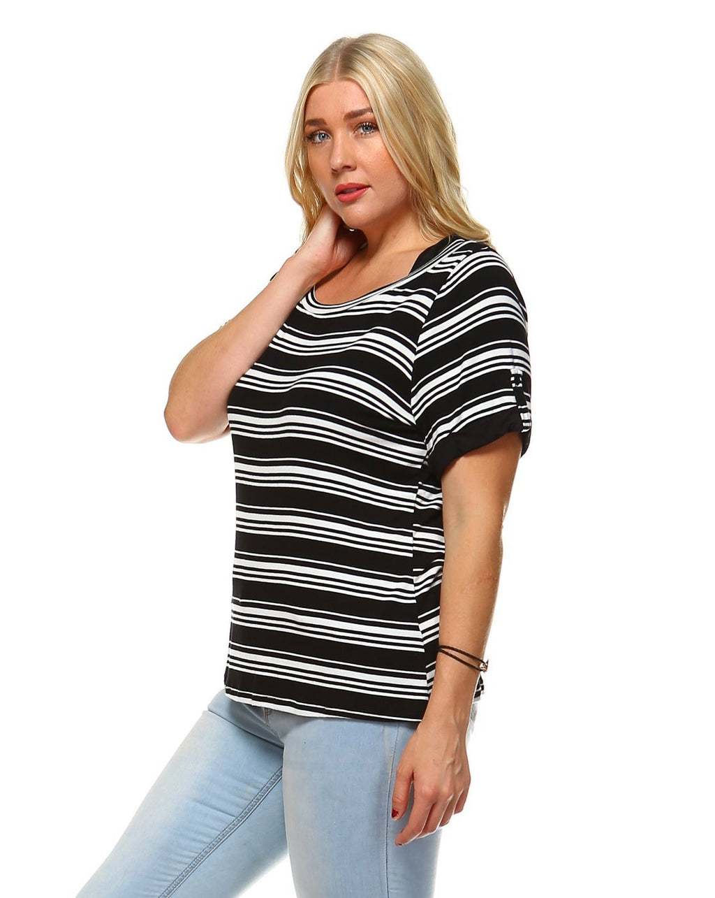 Black and white Striped Scoop neck Boyfriend tee with Fold-over sleeve  Perfect for any activity,relaxing day,beautiful and unique,comfortable and flattering