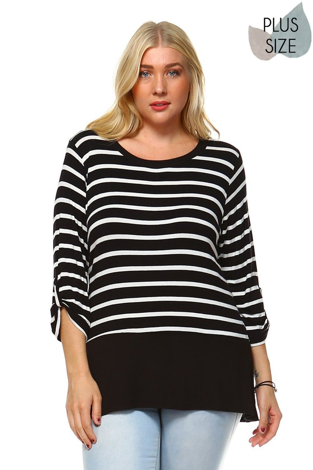 beautiful woman wearing a Striped Fold-over 3/4 Sleeve top with button Perfect for any activity,relaxing day,beautiful and unique,comfortable and flattering