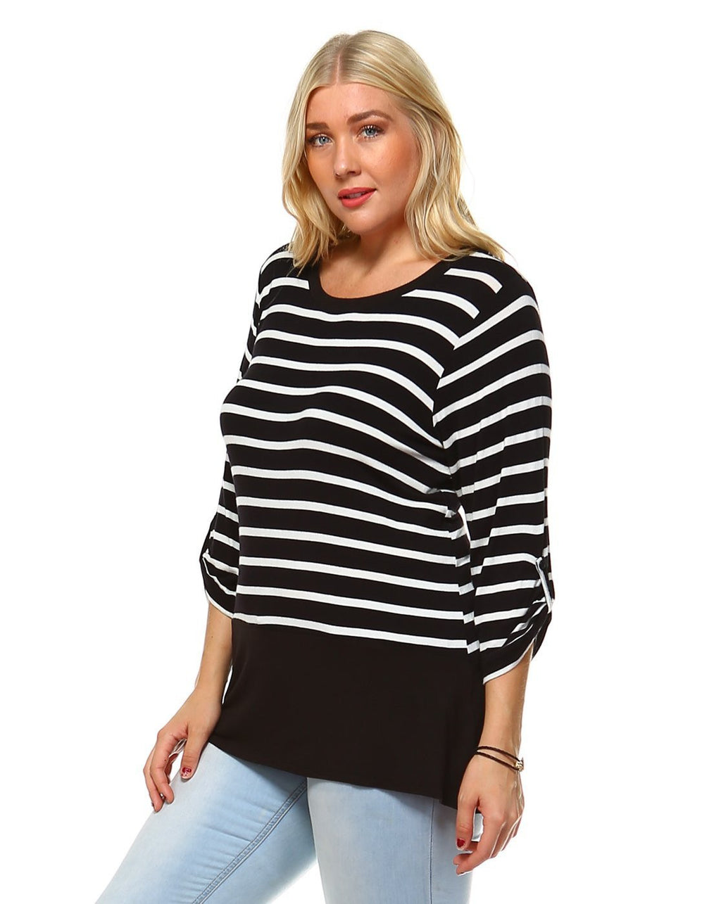 Black and White Striped Fold-over 3/4 Sleeve top with button Perfect for Spring & Summer, Evening wear, Festival, Beach Day, Vacation, Dance, Poolside Parties