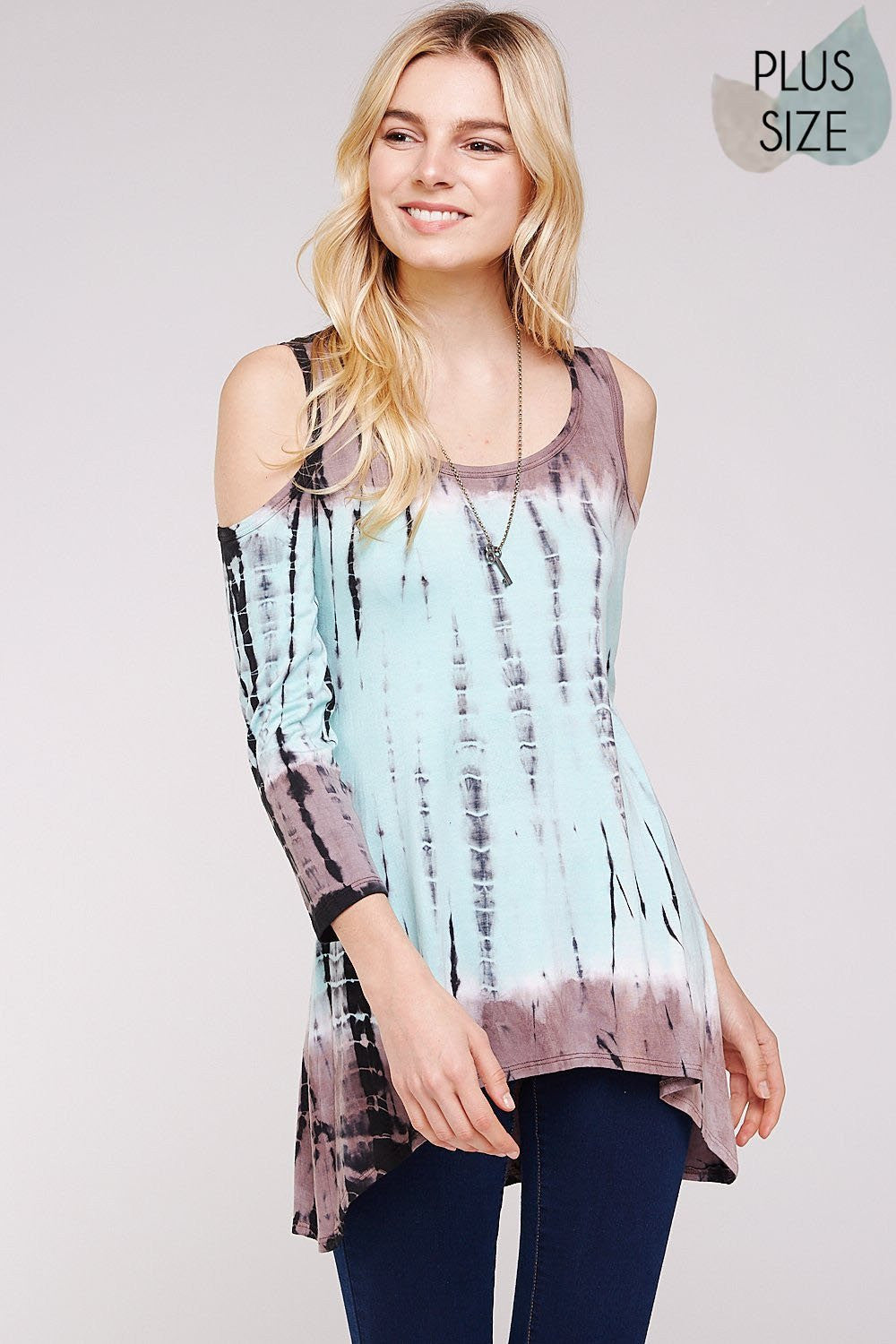 beautiful woman wearing a Mocha & Mint Bamboo Tie-dye cold shoulder 3/4 sleeve tunic top Perfect during spring, summer,Concerts, Festivals, Dance, Brunch, Shopping, Weekend Getaway,Evening wear, Beach Day, Vacation, Dance, Poolside Parties,Casual day