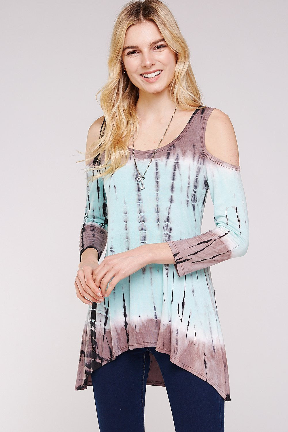 Amazing Mocha & Mint Bamboo Tie-dye cold shoulder 3/4 sleeve tunic Urban x clothing-urban x apparel-boutique online-fashion district wholesale-tie dye tops-tie dye-women apparel-women clothes-tops-summer trends-summer vibe