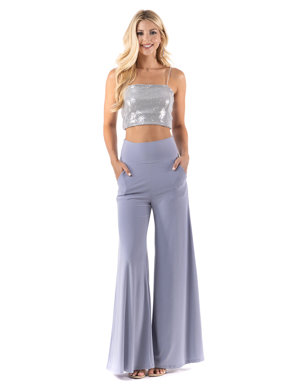 Beautiful woman wearing this amazing Lilac High waist palazzo pants featuring pockets, wide legs, and a comfortable stretchy fabric