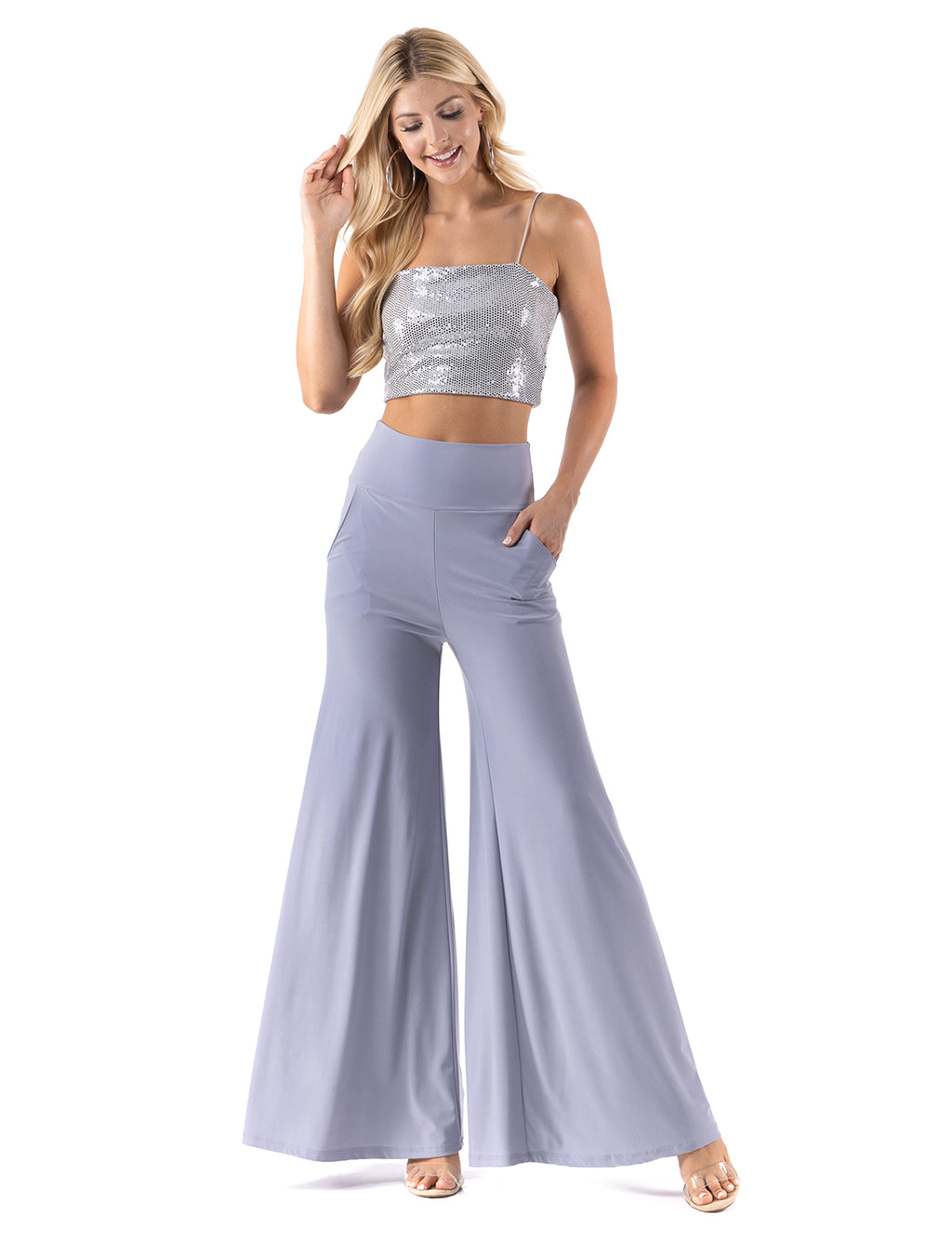 Beautiful woman wearing this amazing Lilac High waist palazzo pants featuring pockets, wide legs, and a comfortable stretchy fabric Perfect during spring, summer and autumn, Beach, Vacation, Party, Brunch, Date Night