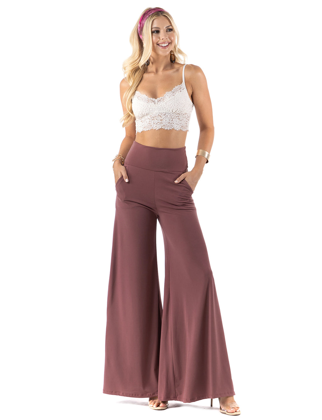 Beautiful woman wearing this amazing Mauve High waist palazzo pants featuring pockets, wide legs, and a comfortable stretchy fabric