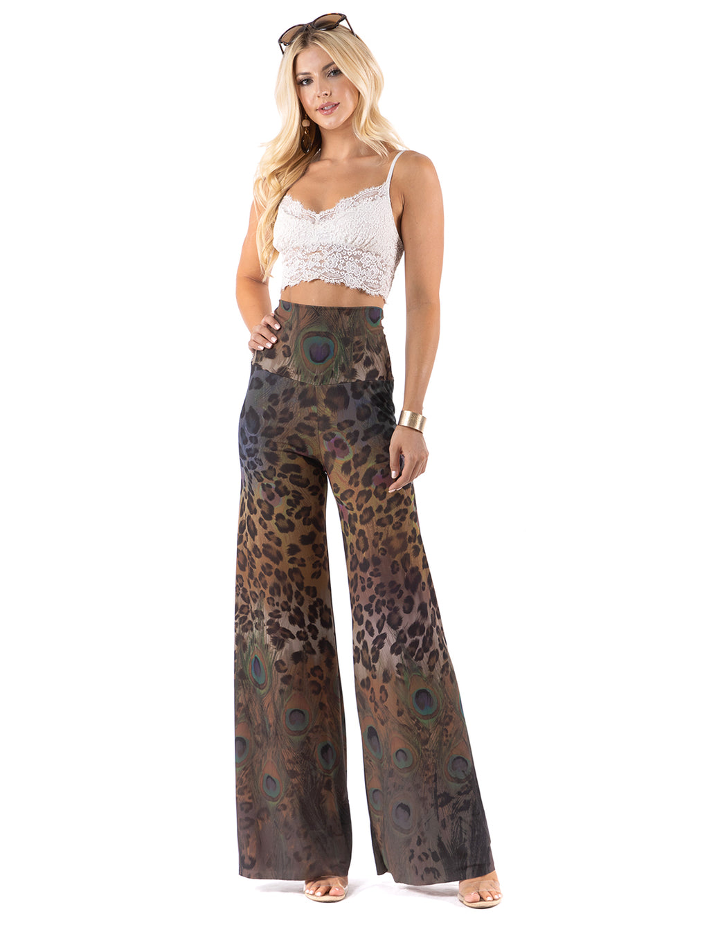 Beautiful woman wearing this amazing Animal & Feather High waist palazzo pants featuring pockets, wide legs, and a comfortable stretchy fabric,erfect for any activity,relaxing day,beautiful and unique,comfortable and flattering