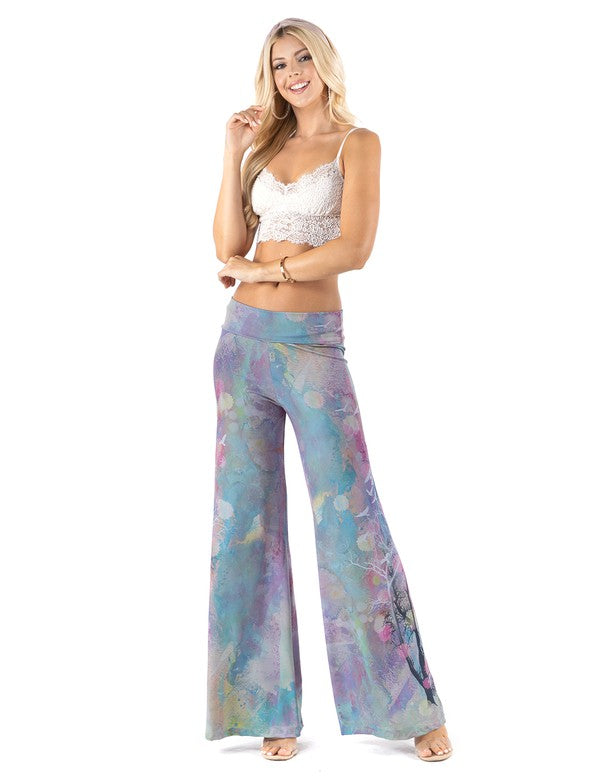 Multi Blue Watercolor High waist palazzo pants featuring pockets, wide legs, and a comfortable stretchy fabric Perfect for any activity,relaxing day,beautiful and unique,comfortable and flattering