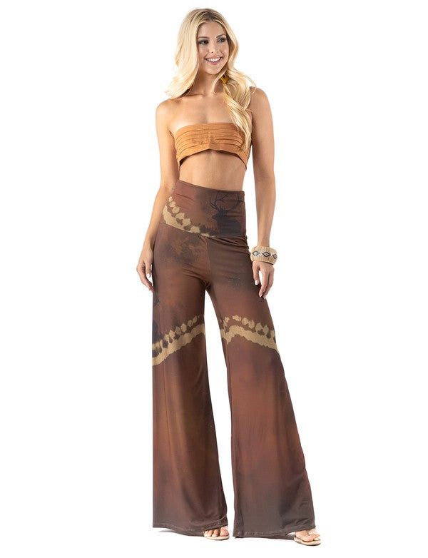 Beautiful woman wearing this amazing Deer Scenery  High waist palazzo pants featuring pockets, wide legs, and a comfortable stretchy fabric 