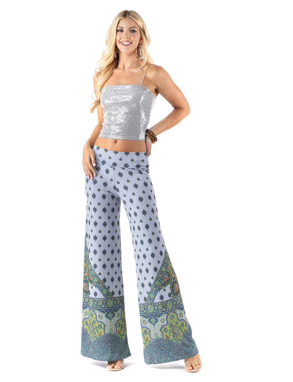 Blue & Green Scroll High waist palazzo pants featuring pockets, wide legs, and a comfortable stretchy fabric ,Perfect during spring, summer,Concerts, Festivals, Dance